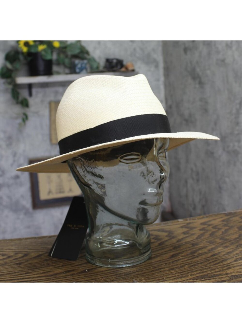 Rag & Bone Womens Straw Panama Wide Brim Hat W262181M2 Off White / Black S/M